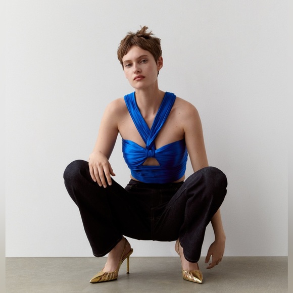 Zara Royal Blue Satin Silk Halter Keyhole Crop Top XSmall XS - Picture 3 of 6